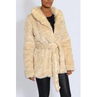 Cream Belted Faux Fur Coat