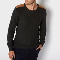 Crew Neck Ribbed Cotton Jumper with Shoulder Patches