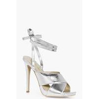 cross front wrap strap stiletto heel silver