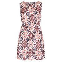 cream coral grey tile print tea dress