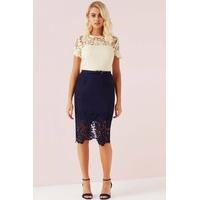 Cream And Navy Lace Panel Dress