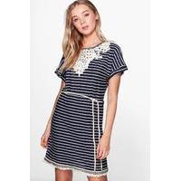 Crochet Detail Rope Belt T-Shirt Dress - navy