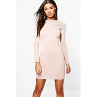 crochet trim bodycon dress beige