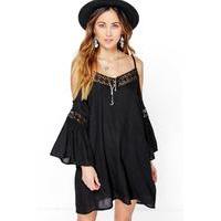 Crochet Insert Open Shoulder Dress - black