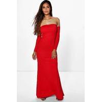 Crepe Off Shoulder Fish Tail Maxi Dress - red