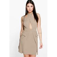 Cross Front Pocket Detail Bodycon Dress - taupe