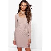 Cross Neck Strap Ribbed Bodycon Dress - sand