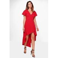 Crepe Angel Sleeve High Low Skater Dress - red