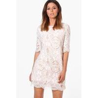 Crochet Lace Short Sleeve Shift Dress - ivory