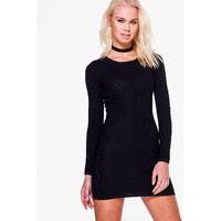 crinkle textured long sleeve dress black