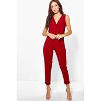 Cross Front Woven Jumpsuit - berry