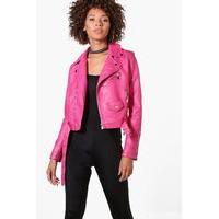 Crop Leather Look Biker Jacket - fuchsia