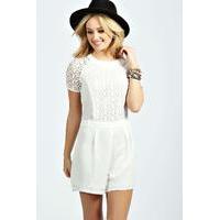 Crochet Insert Short Sleeve Playsuit - ivory