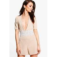 Crochet Trim 3/4 Sleeve Playsuit - stone