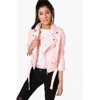 Crop Leather Look Biker Jacket - blush