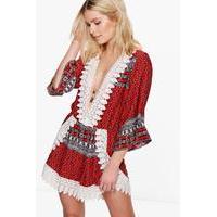 Crochet Trim Printed Playsuit - red