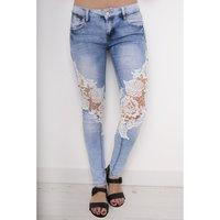 crochet cut out skinny jeans in mid wash denim