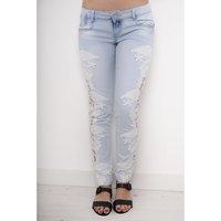 Crochet Side Cut-out Skinny Jeans in Light Denim