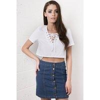 Cropped Shirt with Lace Up Front in White