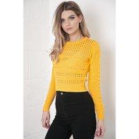 cropped knitted jumper with hole detail in mustard