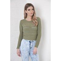 Cropped Knitted Jumper with Hole Detail in Khaki