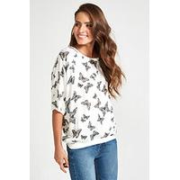 Cream & Blue Butterfly Print Oversized Blouse