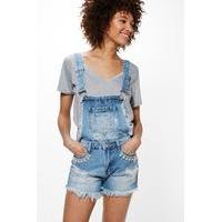 crystal embellished denim dungaree shorts mid blue