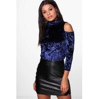 Crushed Velvet Cold Shoulder Top - navy