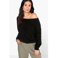 Crop Slash Neck Fisherman Jumper - black