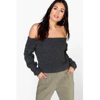 Crop Slash Neck Fisherman Jumper - charcoal