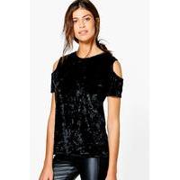 Crushed Velvet Cold Shoulder Top - black