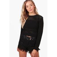 Crochet Knit Cropped Top - black