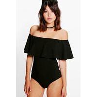 crepe frill bardot bodysuit black