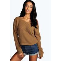 Crop Slash Neck Fisherman Jumper - camel