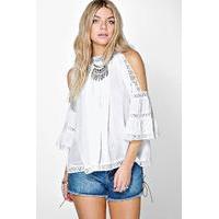 crochet trim high neck open shoulder blouse white