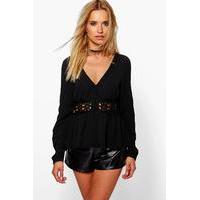 crochet ladder trim button through blouse black