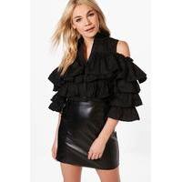 crop cold shoulder ruffle shirt black