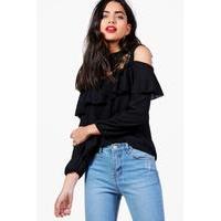 Crochet Panel Cold Shoulder Blouse - black