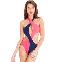 criss cross contrast halter monokini coral