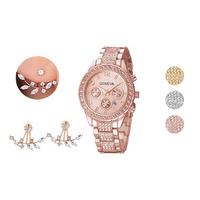 Crystal Watch with Double-Leaf Earring - 3 Colours
