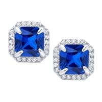 Crislu Silver Blue Cubic Zirconia Cusion Cut Halo Stud Earrings 9010094E00SA