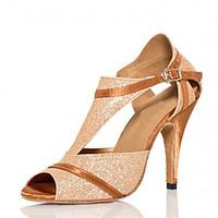 Customizable Women\'s Dance Shoes Latin / Jazz Shoes / Salsa / Samba Satin Sparkling Glitter Customized Heel Gold