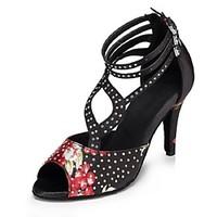 Customizable Women\'s Latin Dance Shoes Salsa / Samba Satin Rhinestone Customized Heel Black / Flower