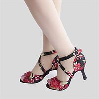 Customizable Women\'s Dance Shoes Latin / Jazz / Swing Shoes / Salsa / Samba Satin Customized Heel Black Flower