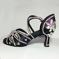 Customizable Women\'s Latin Satin Sandals Indoor Crystal Sparkling Glitter Crystal Heel Stiletto Heel Black 1\