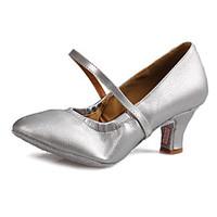 Customizable Women Girl Dance Shoes for Modern Latin/Salsa with Chunky Heel Leather Material in Silver/Brown/Black