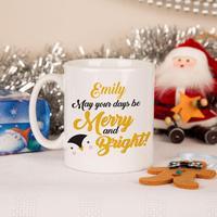 customised merry and bright penguin mug