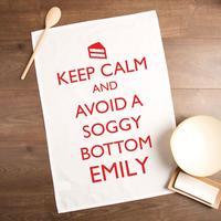 customised keep calm avoid a soggy bottom tea towel