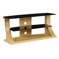 curved shape wooden tv stand with black glass