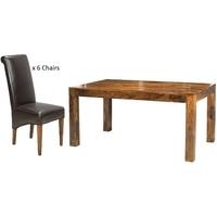 cuba sheesham medium dining set with 6 brown leather chairs